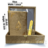Title Image Tajweedi Gold Velvet Quran with Fancy box and Cap Attar Tasbih Bookmark Counter 855-4KVJ2-GOLD